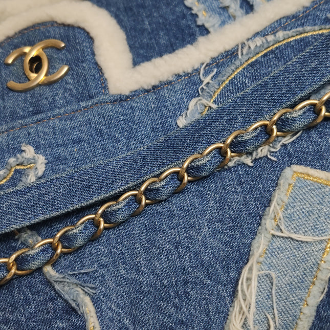 Chanel Blue Denim White Shearling Egyptian Hieroglyph Maxi Flap Bag Gold Hardware, 2019
