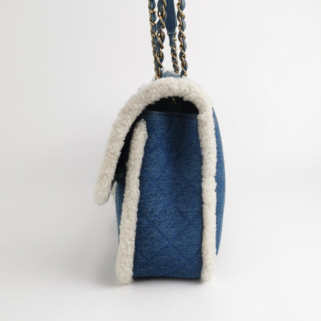 Chanel Blue Denim White Shearling Egyptian Hieroglyph Maxi Flap Bag Gold Hardware, 2019