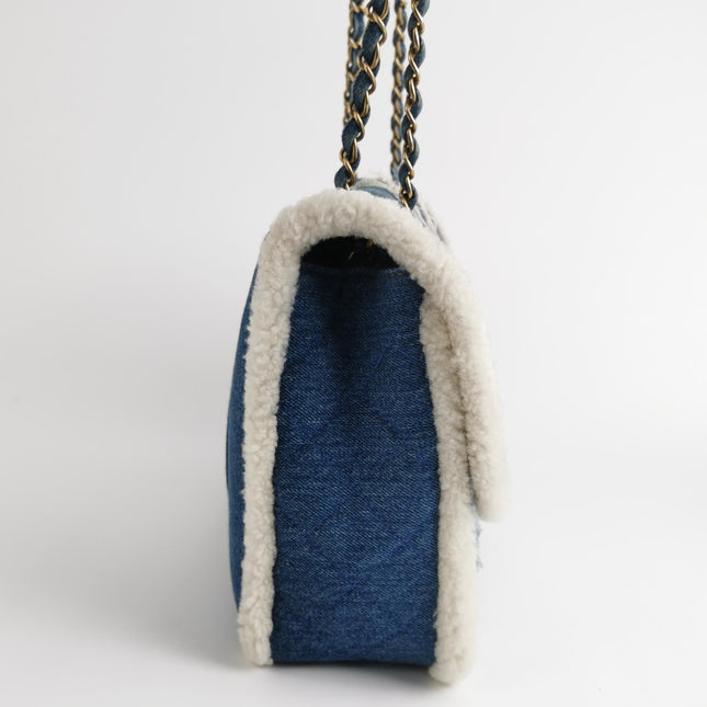 Chanel Blue Denim White Shearling Egyptian Hieroglyph Maxi Flap Bag Gold Hardware, 2019