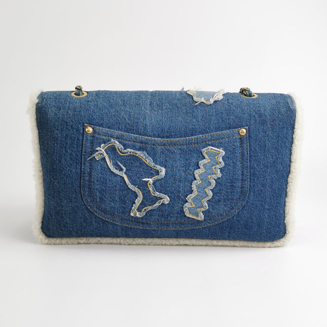 Chanel Blue Denim White Shearling Egyptian Hieroglyph Maxi Flap Bag Gold Hardware, 2019