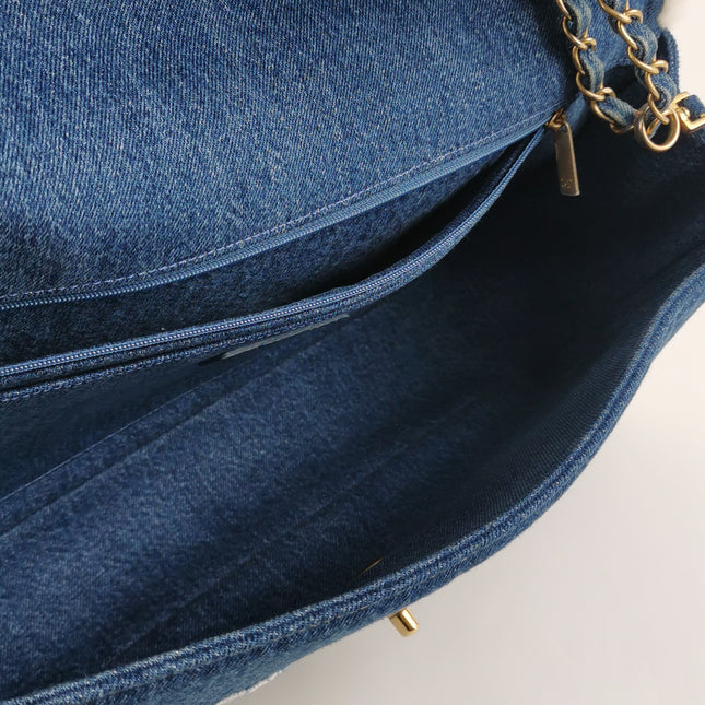 Chanel Blue Denim White Shearling Egyptian Hieroglyph Maxi Flap Bag Gold Hardware, 2019