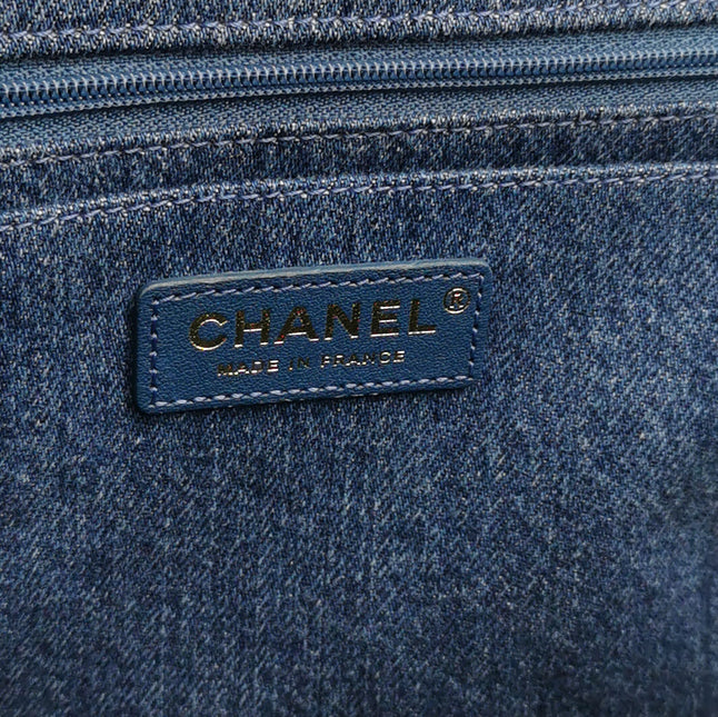 Chanel Blue Denim White Shearling Egyptian Hieroglyph Maxi Flap Bag Gold Hardware, 2019