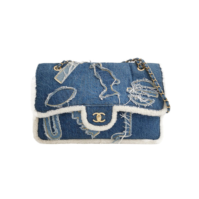 Chanel Blue Denim White Shearling Egyptian Hieroglyph Maxi Flap Bag Gold Hardware, 2019