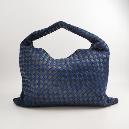 Bottega Veneta Hop Large Leather and Denim Intrecciato Navy Hobo Bag 55cm