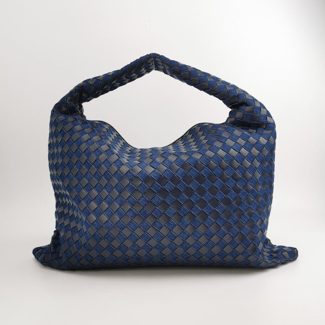 Bottega Veneta Hop Large Leather and Denim Intrecciato Navy Hobo Bag 55cm