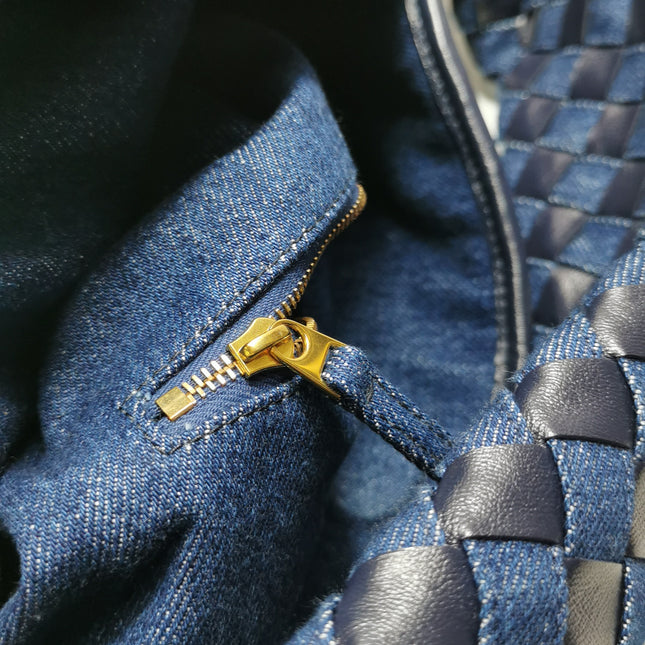 Bottega Veneta Hop Large Leather and Denim Intrecciato Navy Hobo Bag 55cm