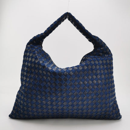 Bottega Veneta Hop Large Leather and Denim Intrecciato Navy Hobo Bag 55cm