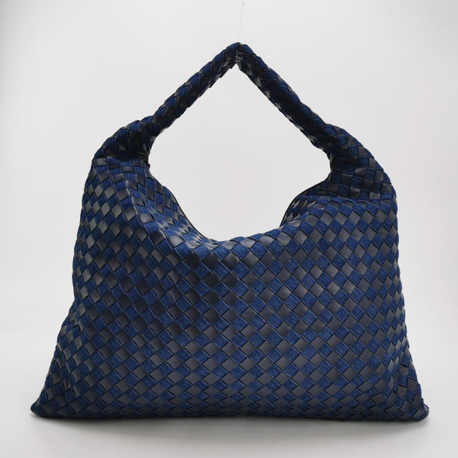 Bottega Veneta Hop Large Leather and Denim Intrecciato Navy Hobo Bag 55cm