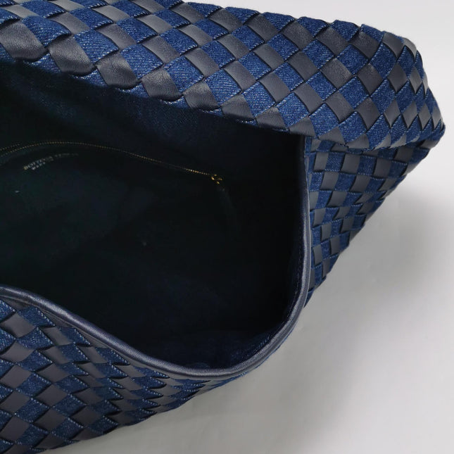 Bottega Veneta Hop Large Leather and Denim Intrecciato Navy Hobo Bag 55cm