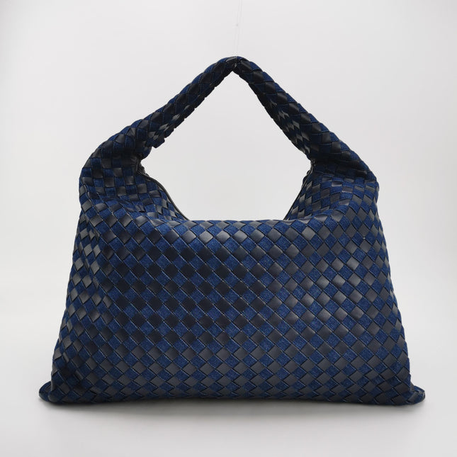 Bottega Veneta Hop Large Leather and Denim Intrecciato Navy Hobo Bag 55cm