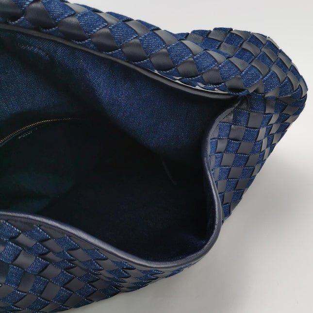 Bottega Veneta Hop Large Leather and Denim Intrecciato Navy Hobo Bag 55cm