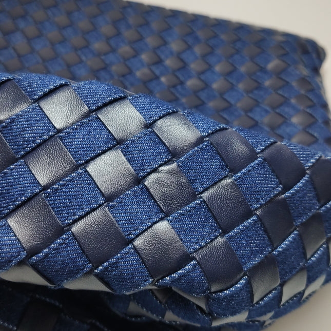 Bottega Veneta Hop Large Leather and Denim Intrecciato Navy Hobo Bag 55cm