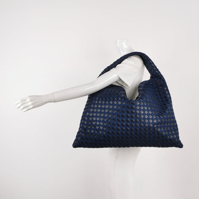 Bottega Veneta Hop Large Leather and Denim Intrecciato Navy Hobo Bag 55cm