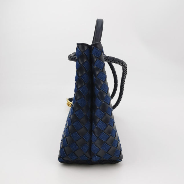 Bottega Veneta Andiamo Medium Navy Leather and Denim Intrecciato Leather Handbag