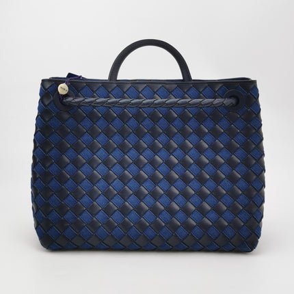 Bottega Veneta Andiamo Medium Navy Leather and Denim Intrecciato Leather Handbag