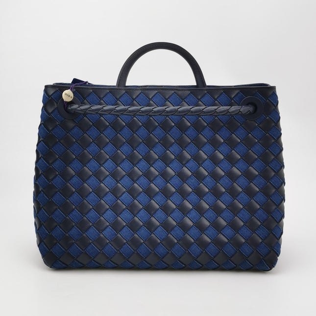 Bottega Veneta Andiamo Medium Navy Leather and Denim Intrecciato Leather Handbag