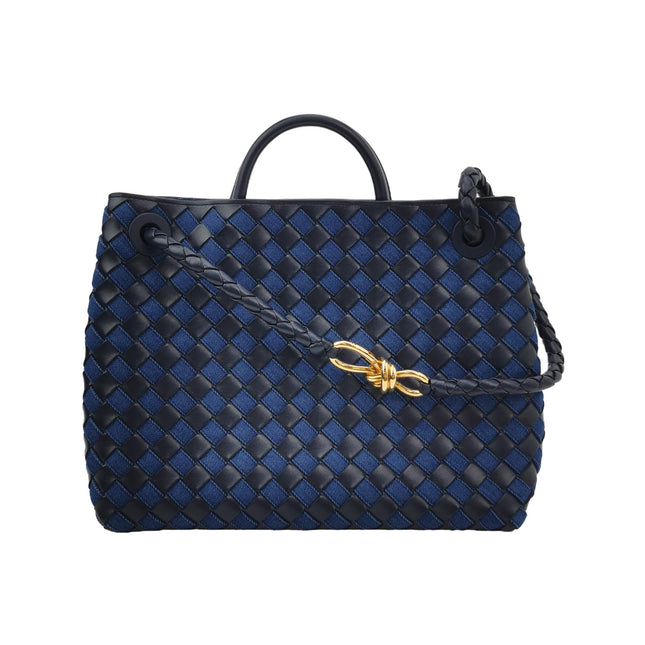 Bottega Veneta Andiamo Medium Navy Leather and Denim Intrecciato Leather Handbag-Luxbags