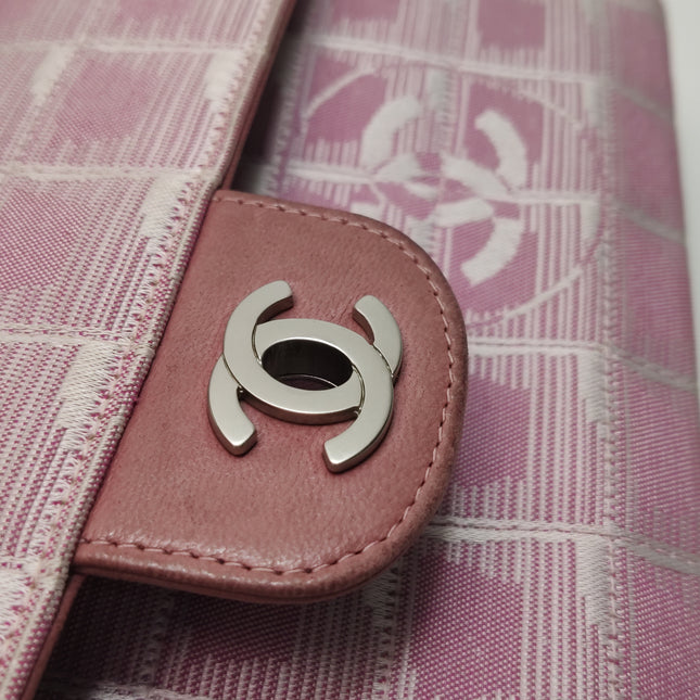 Chanel East West Chocolate Bar Travel Line Pink Fabric Shoulder Bag