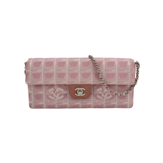 Chanel East West Chocolate Bar Travel Line Pink Fabric Shoulder Bag