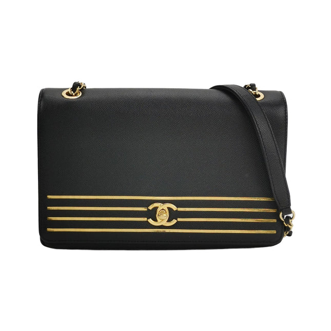 Chanel Captain Gold Small Flap Bag Black Caviar Leather Shoulder Bag