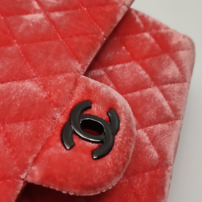 Chanel Classic Flap Medium Coral Orange Velvet Silver Hardware