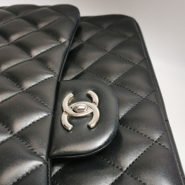 Chanel Classic Flap Jumbo Black Lambskin Leather Double Flap Silver Hardware 2011
