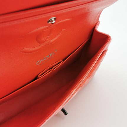Chanel Classic Flap Medium Coral Orange Velvet Silver Hardware