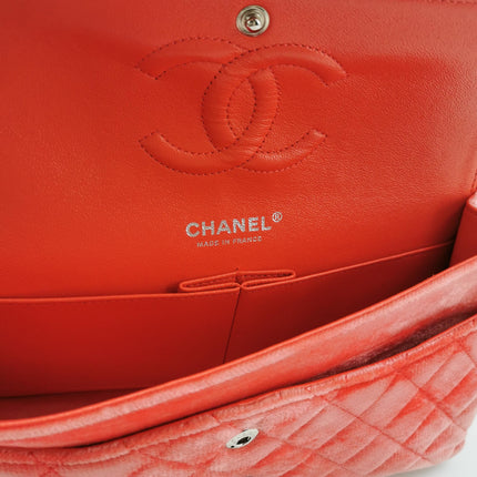 Chanel Classic Flap Medium Coral Orange Velvet Silver Hardware
