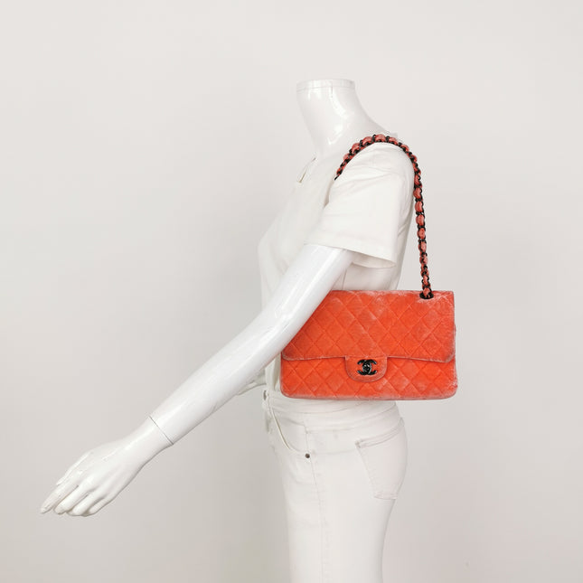 Chanel Classic Flap Medium Coral Orange Velvet Silver Hardware