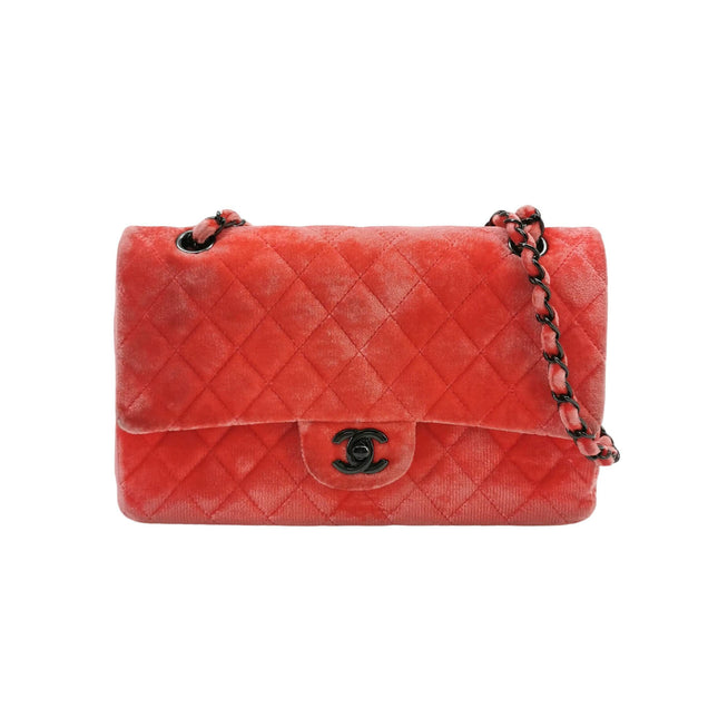Chanel Classic Flap Medium Coral Orange Velvet Silver Hardware