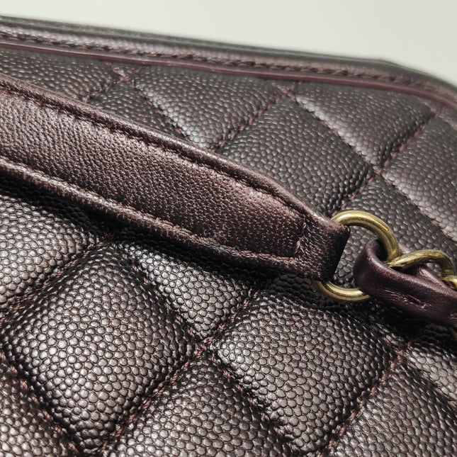 Chanel Filigree Medium Vanity Case Iridescent Burgundy Caviar Leather Top Handle with Chain
