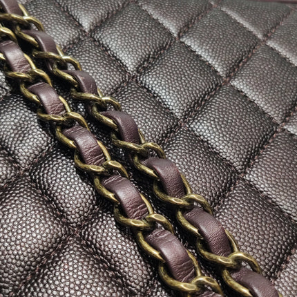 Chanel Filigree Medium Vanity Case Iridescent Burgundy Caviar Leather Top Handle with Chain
