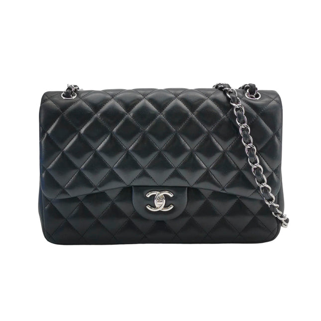 Chanel Classic Flap Jumbo Black Lambskin Leather Double Flap Silver Hardware 2011