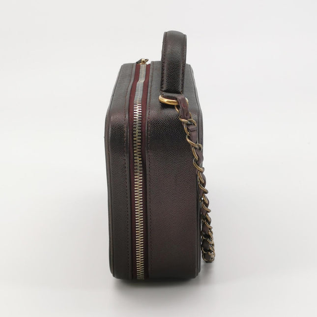 Chanel Filigree Medium Vanity Case Iridescent Burgundy Caviar Leather Top Handle with Chain