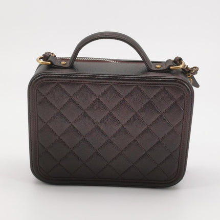 Chanel Filigree Medium Vanity Case Iridescent Burgundy Caviar Leather Top Handle with Chain