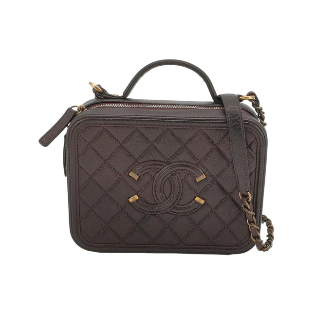 Chanel Filigree Medium Vanity Case Iridescent Burgundy Caviar Leather Top Handle with Chain-Luxbags