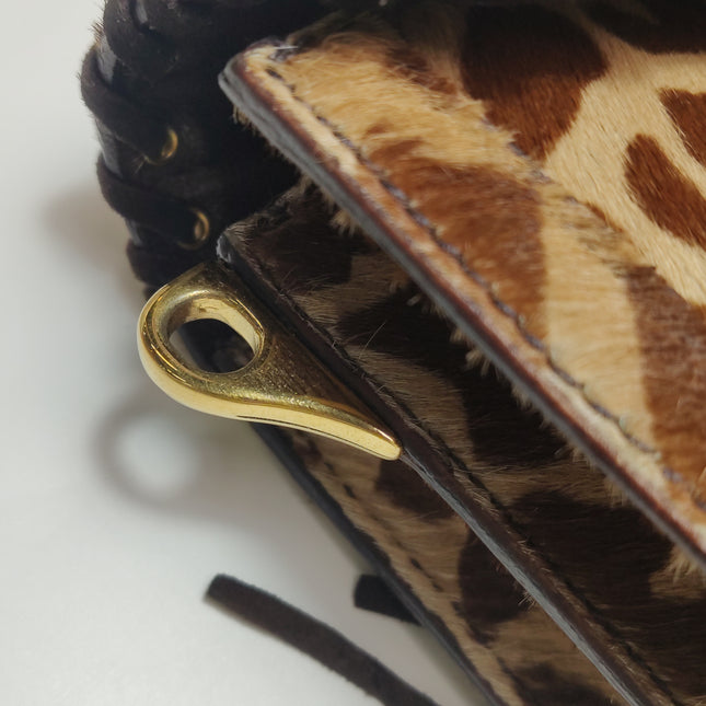 Prada Messenger Leopard Print Pony-style Calfskin Fringe Trimmed Shoulder Bag