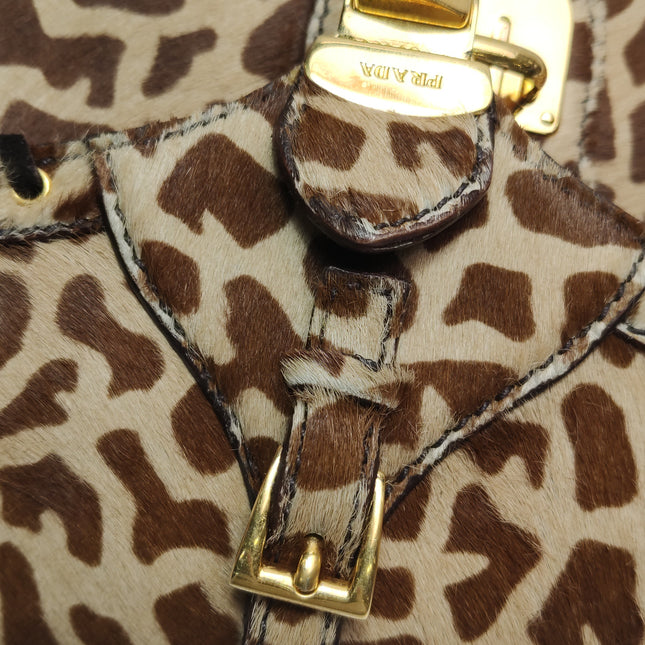 Prada Messenger Leopard Print Pony-style Calfskin Fringe Trimmed Shoulder Bag