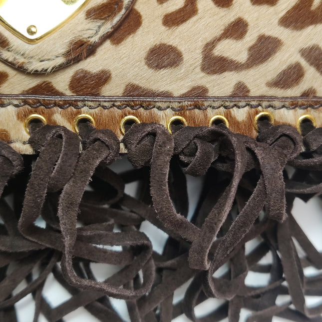 Prada Messenger Leopard Print Pony-style Calfskin Fringe Trimmed Shoulder Bag