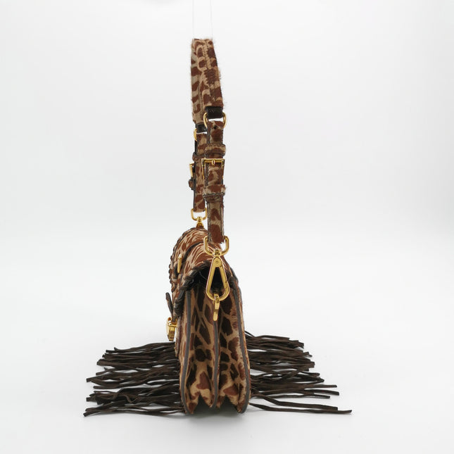 Prada Messenger Leopard Print Pony-style Calfskin Fringe Trimmed Shoulder Bag