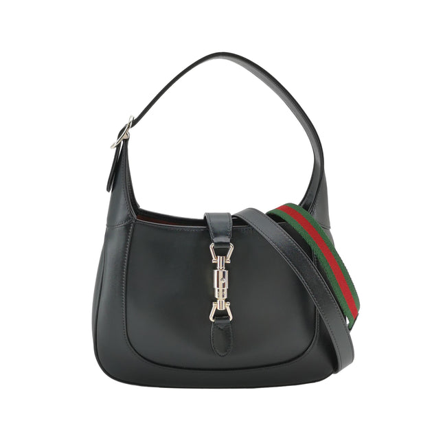 Gucci Jackie 1961 Small Black Leather Shoulder Bag Gold Piston Lock Red Interior-Luxbags