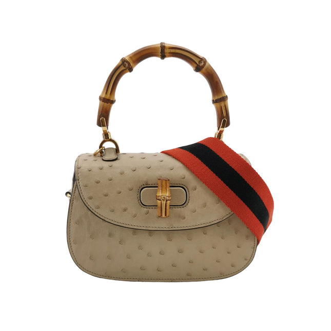 Gucci Bamboo 1947 Ostrich Leather Small Dark Beige With Strap-Luxbags