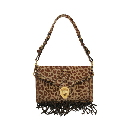 Sac bandoulière Prada Messenger en poulain imprimé léopard avec franges