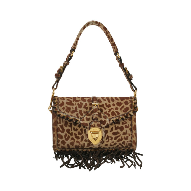Prada Messenger Leopard Print Pony-style Calfskin Fringe Trimmed Shoulder Bag