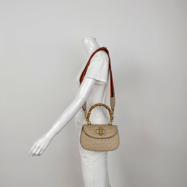 Gucci Bamboo 1947 Ostrich Leather Small Dark Beige With Strap
