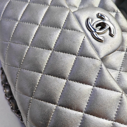 Chanel Classic Flap Medium Silver Lambskin Leather Silver Hardware
