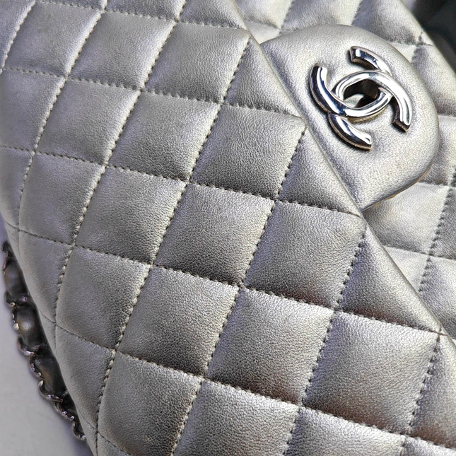 Chanel Classic Flap Medium Silver Lambskin Leather Silver Hardware