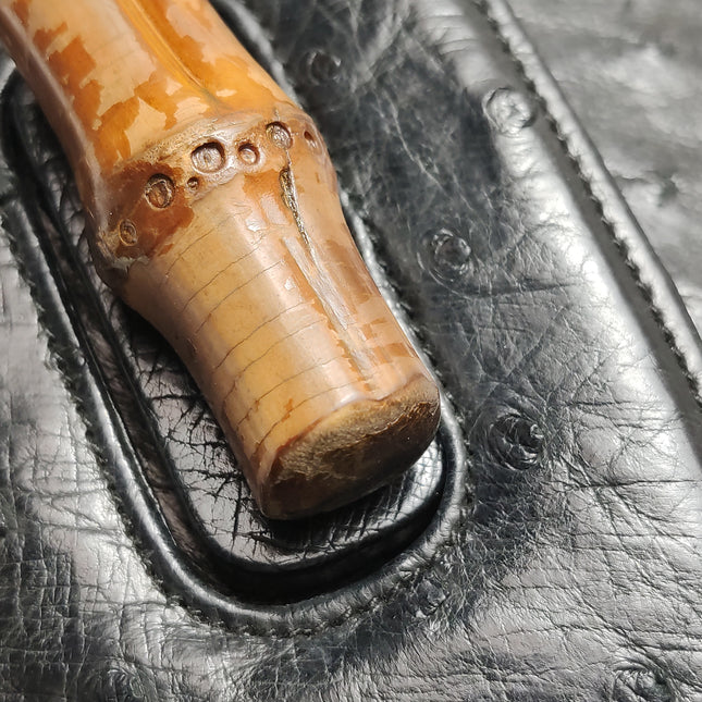 Rare Gucci Bamboo 1947 Vintage Ostrich Leather Medium Black With Strap