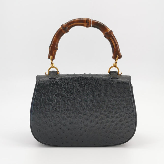 Rare Gucci Bamboo 1947 Vintage Ostrich Leather Medium Black With Strap
