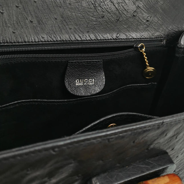Rare Gucci Bamboo 1947 Vintage Ostrich Leather Medium Black With Strap